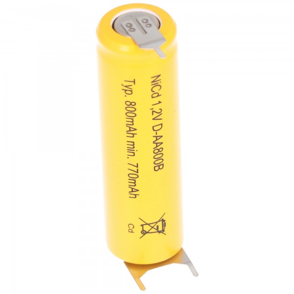 AccuCell Flat Top NiCd batterie 1.2V 600mAh / AA cosses à souder 3 voies Imprimer + / - adapté aux applications d'alimentation de secours