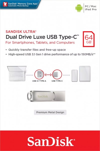 Sandisk Clé USB 3.1 OTG 64 Go, Dual Drive Luxe Type-AC, (R) 150 Mo/s, Memory Zone, blister de vente au détail