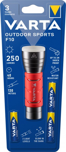 Lampe de poche LED Varta Outdoor Sports, F10 250lm, avec 3 piles alcalines AAA, blister de vente au détail