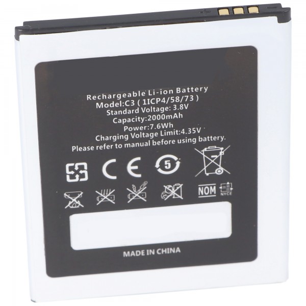 Batterie Li-Ion - 2000mAh (3.8V) pour téléphone portable, smartphone, téléphone remplace Oukitel 1ICP4 / 58/73