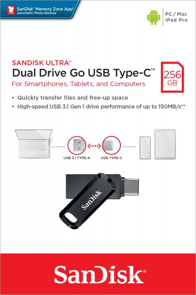 Sandisk USB 3.1 OTG Stick 256 Go, Ultra Dual Go Type-AC, (R) 150 Mo/s, Memory Zone, blister de vente au détail