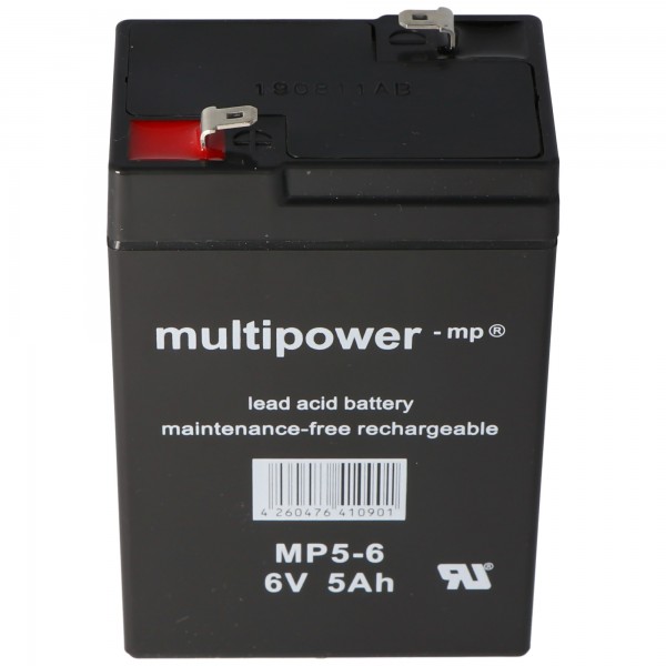 Batterie au plomb Multipower MP5-6 avec fiche Faston de 4,8 mm, également adaptée à la batterie Vision CP650 5Ah