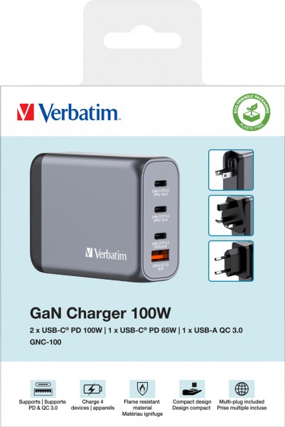 Adaptateur de charge Verbatim, universel, GNC-100, GaN, 100 W, gris 1x USB-A QC, 3x USB-C PD, vente au détail