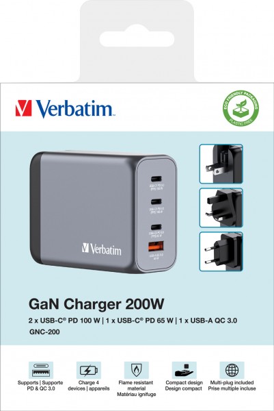 Adaptateur de charge Verbatim, universel, GNC-200, GaN, 200 W, gris 1x USB-A QC, 3x USB-C PD, vente au détail