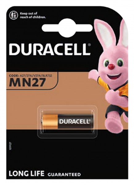 Duracell MN27, pile alcaline LR27 A, 12 volts, dimensions 28,8 x 8 mm