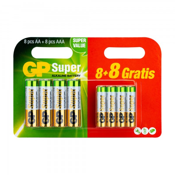 GP Alkaline Super Mixblister Piles AAA Micro et AA Mignon Super 1.5V 8 + 8 pièces
