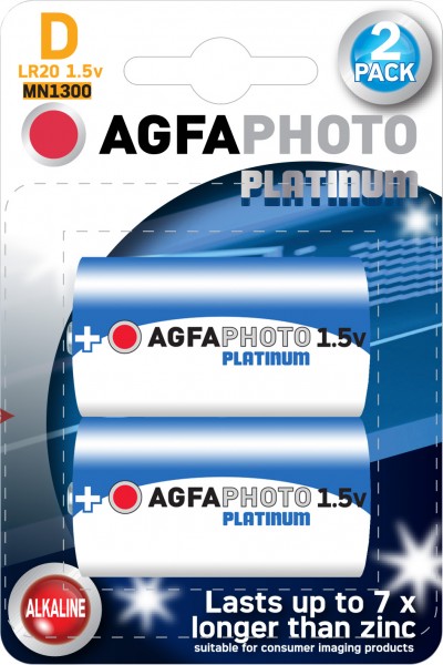 Pile alcaline Agfaphoto, mono, D, LR20, alimentation 1,5 V, blister de vente au détail (paquet de 2)