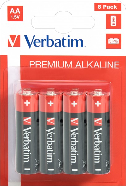 Pile alcaline Verbatim, Mignon, AA, LR06, 1,5 V Premium, blister de vente au détail (paquet de 8)