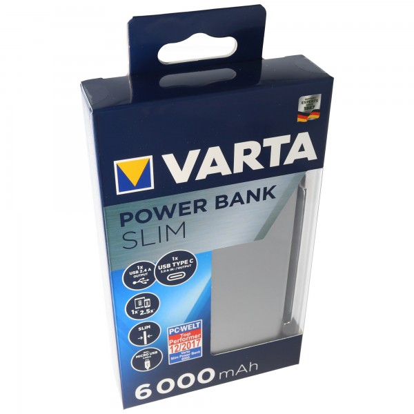 Varta Power Bank Slim argent 6000mAh, avec câble de chargement micro USB