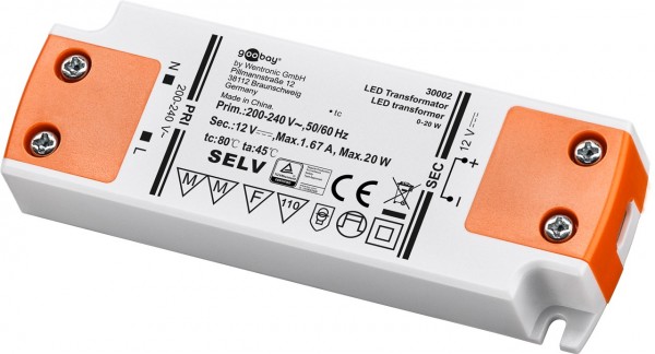 Transformateur LED 12 V / 20 W 12 V DC pour LED jusqu'à 20 W de charge totale