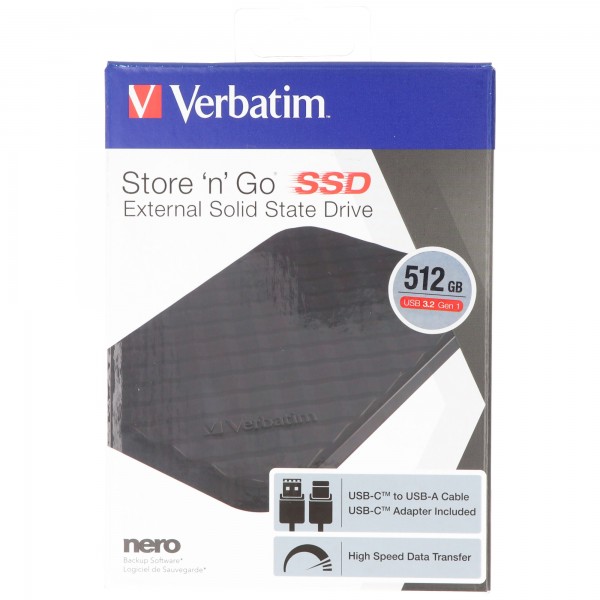Verbatim SSD 512 Go, USB 3.2, Type AC, 6,35 cm (2,5'') Store´n´Go, (R) 400 Mo/s, (W) 400 Mo/s, Vente au détail