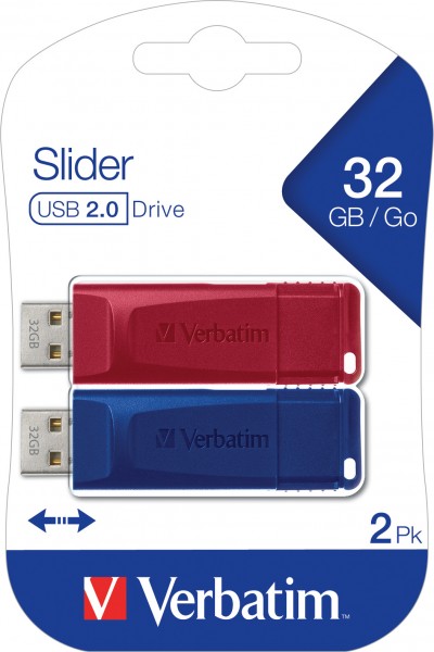 Verbatim USB 2.0 Stick 32GB, Slider, Red-Blue, Multipack (R) 10MB/s, (W) 4MB/s, Retail-Blister (2-Pack)