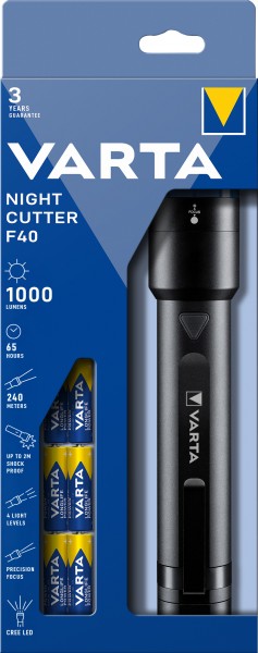 Torche LED Varta Night Cutter F40 1000lm, avec 6x piles alcalines AA, blister de vente au détail