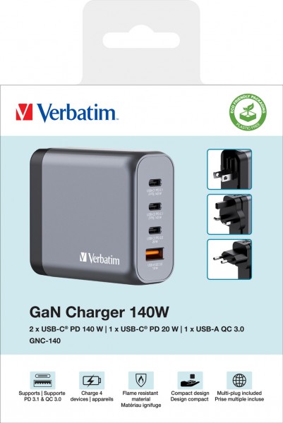 Adaptateur de charge Verbatim, universel, GNC-140, GaN, 140 W, gris 1x USB-A QC, 3x USB-C PD, vente au détail